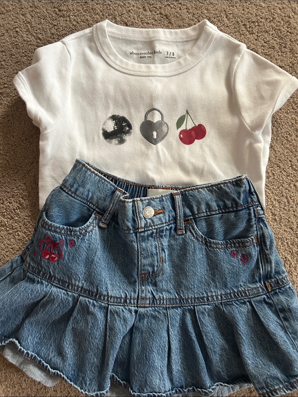 abercrombie kids White Tee with Cherry Graphic & Denim Skort